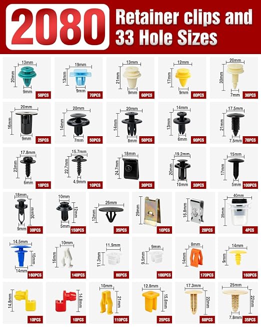 2080PCS Automotive Retainer Clips& Trim Removal Tools,32 Universal Sizes Push Type Rivets Fasteners,Door Panel Clips for Car Bumper, Fender,Door Panel and Interior Repair for Ford,Toyota,Chevy,Honda
