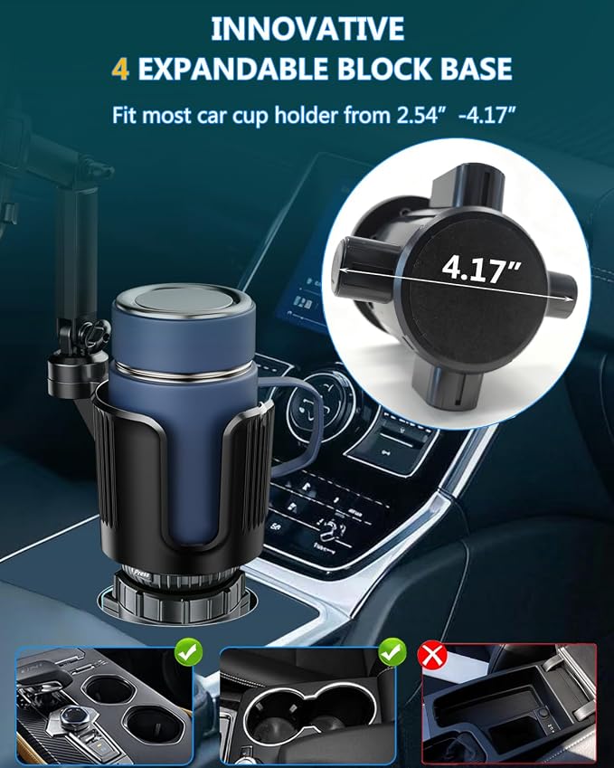 Cup Phone Holder for Car Cup Holder with Expandable Base, Detachable Dual Cellphone Holder Cupholder Car Mount with Long Arm Universal Fit iPhone and Large Bottle, for Truck SUV