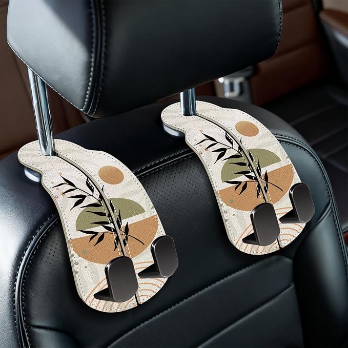 Blusabaca 2PCS Car Seat Back Storage Headrest Hooks, Abstract Boho Leaves Purse Holder Bags Hanger, PU Leather Double Metal Hook Backseat Organizer, Women Car Accessories Organization