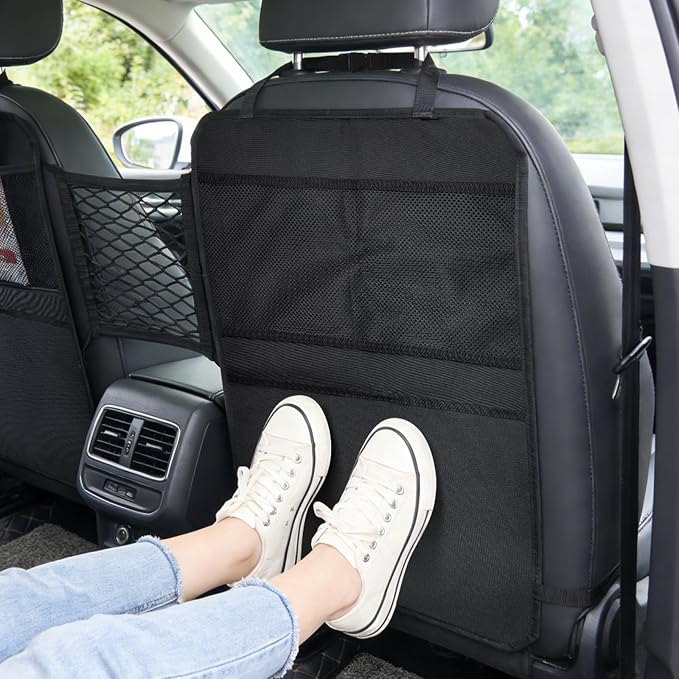 Back Seat Cover for Kids – 2 Mesh Pockets + 1 X-Large Storage Organizer, Waterproof Car Seat Back Protector for Vehicles, Protects Upholstery from Dirt, Mud & Scratches, Black (1)