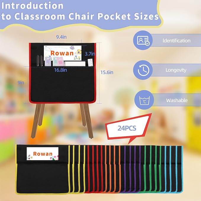 24 PCS Chair Pockets for Classroom, 15.6x16.8 Inch Seat Pockets for Classroom Chairs, Black Seat Sacks for Classroom Chairs with Name Tag, Back of Chair Organizer for Kids in Classroom