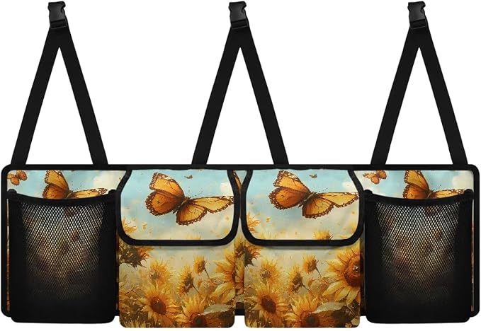 Butterfly Sunflower Print Car Trunk Organizer with 4 Pockets Hanging Car Backseat Storage Bag Multipurpose Car Organizer Bag Universal Car Interior Accessories