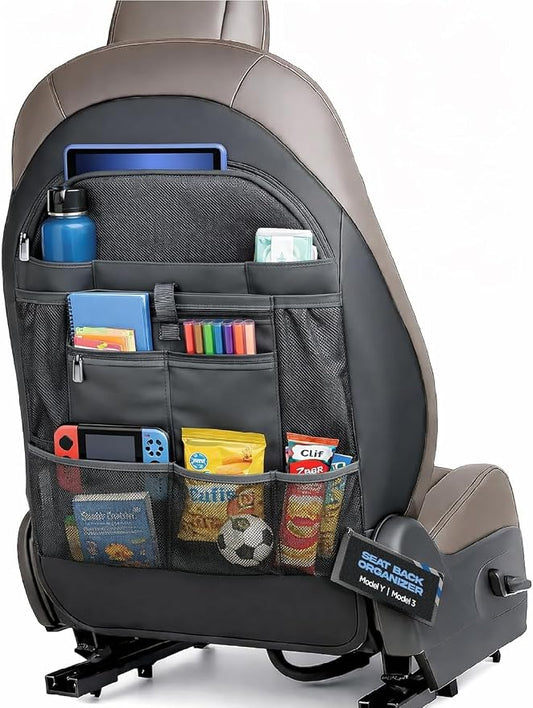 Back Seat organizer for Tesla Model 3 / Model Y (Premium Vegan Leather) Custom fit Car Seat Back Protector with Storage Pockets (Black)