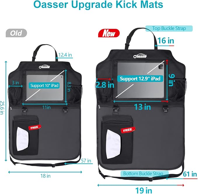 Oasser Seat Back Protector Kick Mats 12.9" I pad Holder 2 Pack XL with 1 Tissue Box Car Seat Organizer Back of Seat Protector Clear 2 Large Car Organizers and Storage