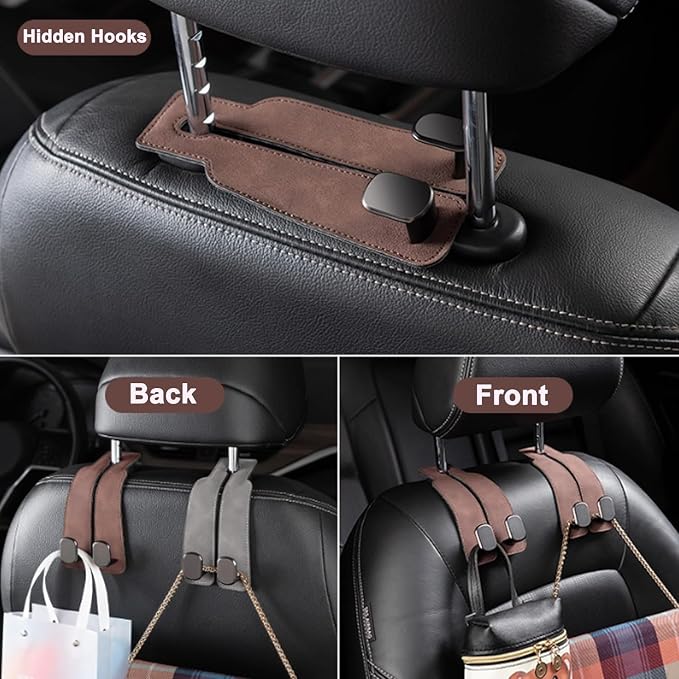 Amelity Universal Car Headrest Hooks, Women’s Car Interior Accessories for Purses Handbags Grocery & Backpacks, Brown 4 Pack