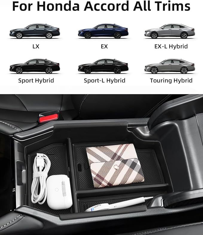 Armrest Organizer for 2026 2025-2023 Honda Accord, Center Console Organizer with Removable Rubber Mat, Center Console Tray Custom for Honda Accord Accessories, Black