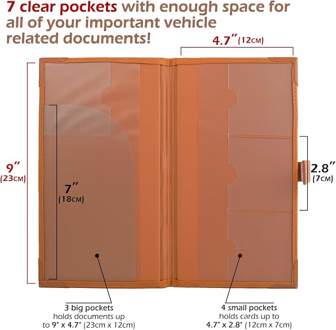 Auto Insurance and Registration Card Holder - Vehicle Glove Box Document Organizer - Car Essential Paperwork Holder for DMV, AAA, Contact Information Cards - Premium PU Leather Wallet Case - Orange