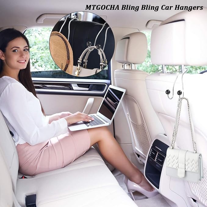 Bling Purse Hook for Car Headrest, Upgraded Cute Car Seat Hooks for Bag Handbag, Durable Stainless Auto Purse Hanger Holder 2 Pack, Black