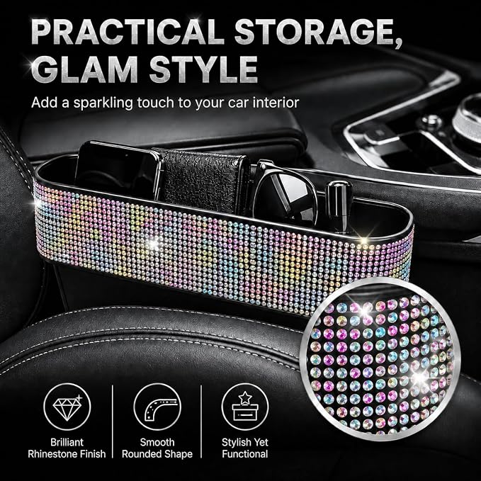 Bling Bling Car Seat Organizer Front Seat Gap Filler with Crystal Rhinestones Diamond, PU Leather Car Seat Console Storage Organizer for Car Accessories (Colorful)