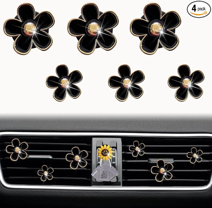 Daisy Air Vent Clips: 6 Pcs Cute Flower AC Outlet Clip Car Air Fresheners with Mask Hook (Black)