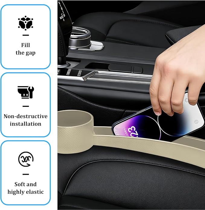 Car Seat Gap Filler, 2PCS Anti-Drop Multifunctional Vehicle Seat Side Gap Plug with Storage Slot, Automotive Blocker Seam Filler Console Organizer, Universal for SUV RV Truck (Beige)