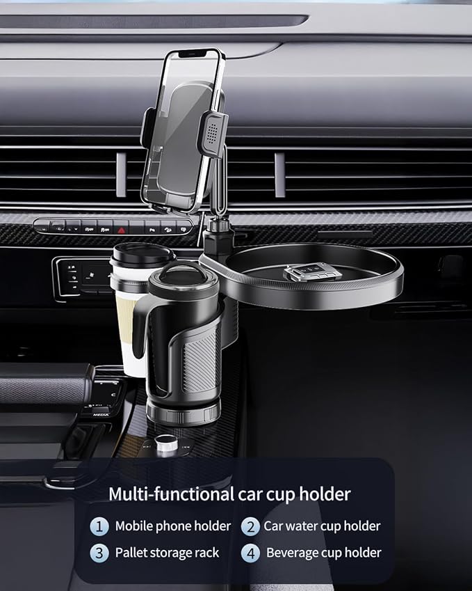 4-in-1 Upgrade Car Cup Holder Tray- Expandable Car Food Table Tray | Multifunctional Detachable Car Tray with Phone Holder | Adjustable Cup Holder for Car Road Trip Essentials