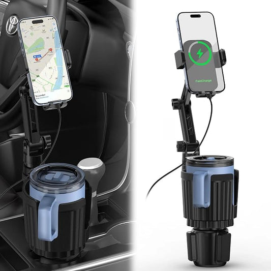 2 in 1 Auto-Clamping Cup Phone Holder for Car, 15W Fast Wireless Charging Cup Holder Phone Mount with Type-C Cable, Adjustable Car Cup Expander for Large Bottles