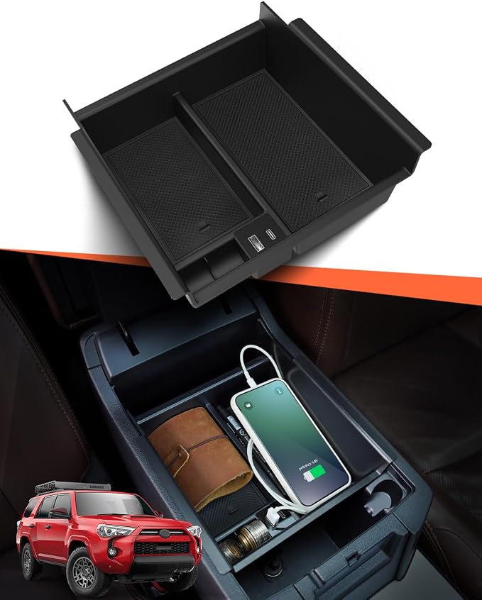 Upgrade for Toyota 4Runner Center Console Organizer Tray with USB Port 2010-2023 2024, Secondary Insert Storage Armrest Box ABS Black Materials for 4Runner 2010-2024 5th Gen Car Accessories