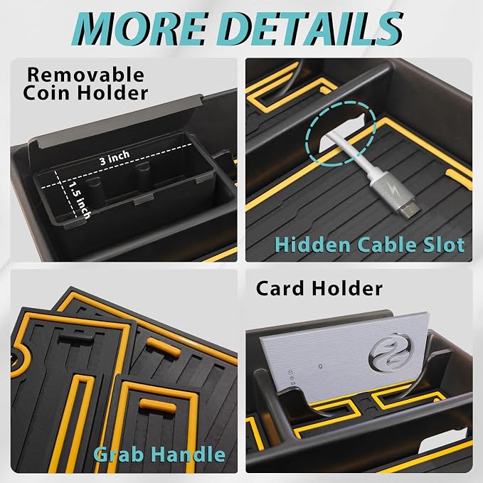 BestEvMod Upgraded V3 Armrest Storage Box and Cup Holder Lower Center Console Organizer Tray with PVC Trim Removable Coin Holder Compatible with Rivian R1T/R1S 2022-2024 (V3 Console+Lower Tray Yellow)