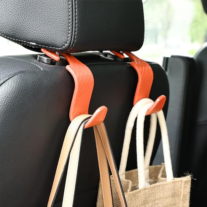 4PCS Car Seat Headrest Hooks, Auto Back Seat Hanger Holder, Durable Stylish Vehicle Organizer Universal Car Interior Accessories, Storage Hooks for Purses, Bags, Clothes (Carbon Fiber/Orange)