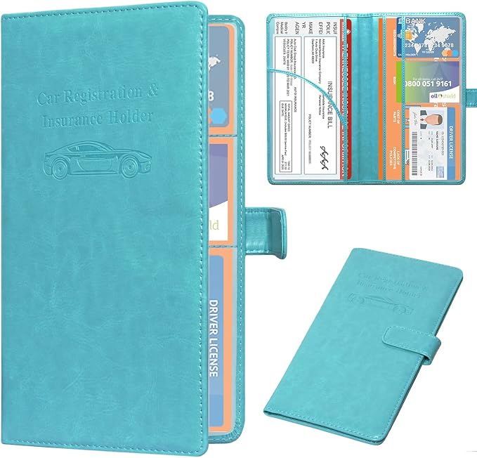 DMLuna Car Registration and Insurance Holder, Leather Vehicle Card Document Glove Box Organizer, Auto Truck Compartment Accessories for Essential Information, Driver License Cards, Sky Blue