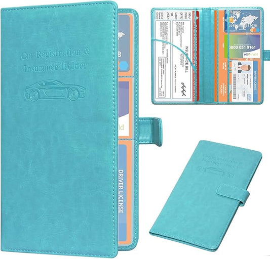 DMLuna Car Registration and Insurance Holder, Leather Vehicle Card Document Glove Box Organizer, Auto Truck Compartment Accessories for Essential Information, Driver License Cards, Sky Blue