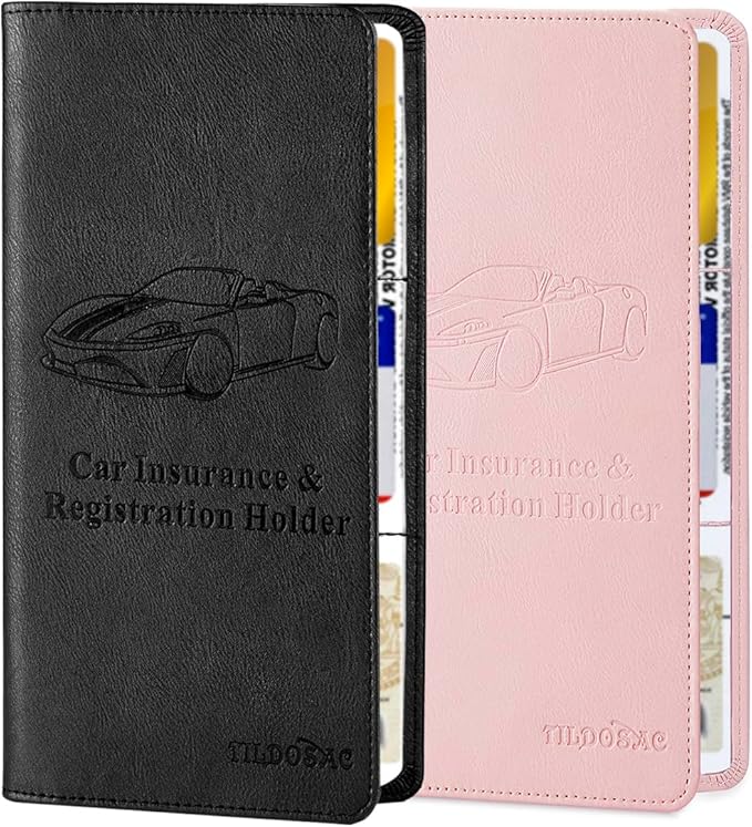 TILDOSAC 2Pack Leather Car Registration and Insurance Card Holder, Car Document Holder for Cards License with Magnetic Shut (Pink+Black)