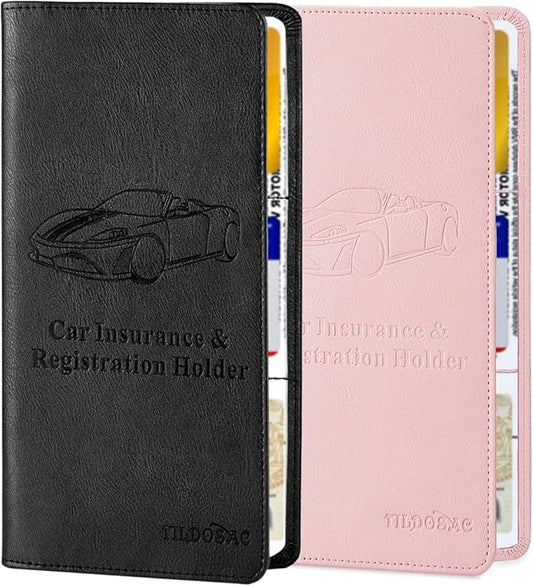 TILDOSAC 2Pack Leather Car Registration and Insurance Card Holder, Car Document Holder for Cards License with Magnetic Shut (Pink+Black)