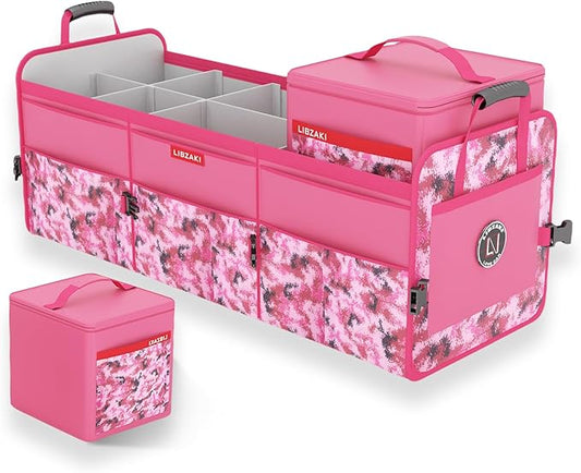 LIBZAKI Car Trunk Organizer,3 Compartments Big Trunk Storage, Large Capacity, Foldable, 95L Heavy Duty Storage Box for Car, SUV, Truck,Includes 26L Cooler Bag -Rose Red Camouflage