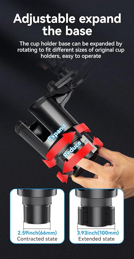 Car Phone Holder with Cup Holder Mount, 2 in 1 Universal Cup Holder Expander Adjustable Base with Phone Mount, Long Adjustable Arm with 360°Rotation Cup Holder ，Compatible with All Smartphones，Black