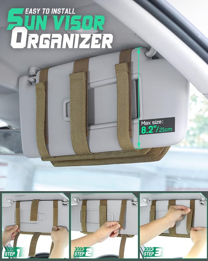 LIVANS Tactical Car Sun Visor Organizer, Auto Accessories Semi-Rigid Molle Panel with Zipper Storage Pouch & Glasses Holder, Gift for Car Gear, Fit Cars, Trucks, Suvs, Jeeps & Patrols (Khaki)
