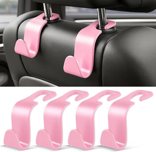 SINGARO 4 Pack Car Seat Headrest Hooks, Vehicle Back Seat Hanger Storage Organizer for Purse Handbag Backpack Coat Grocery, 360° Rotating Heavy Duty Holds 44lbs, Pink