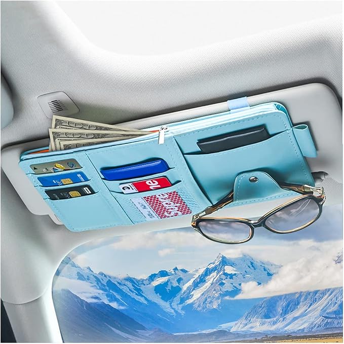 Car Sun Visor Organizer, Leather Storage Pocket Sun Visor Pouch with Zipper for Cards License Registration Pen Glasses Document, Fits Most Car SUV, Auto Interior Accessories for Men Women (Blue)