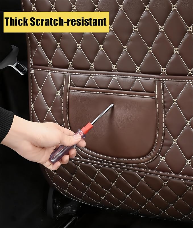 Leatherette Car Seat Protector - 2 Pack Large Car Kick Mats with Storage Pockets Organizer Seat Back Cover Against Dirty Shoes & Scratches, Universal Fit for Most Vehicles, Coffee