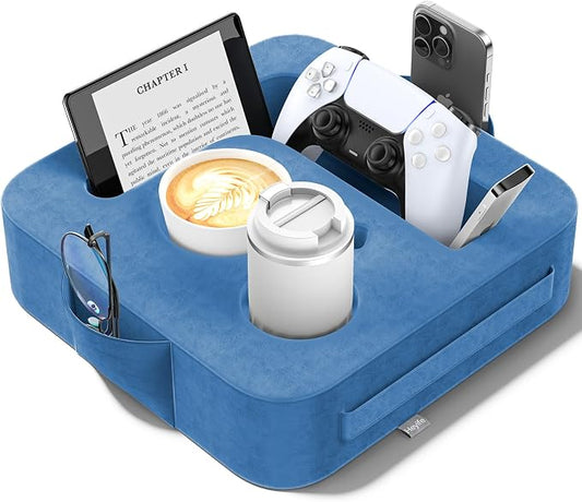 Couch Cup Holder Pillow, Sofa and Bed Organizer Caddy for iPad, Kindle, Switch, Game Controller, Remotes, Phones, Small-Sized Cup & Drink Holder for Couch, Bed, Desk, Car, Desk, Beach, Blue