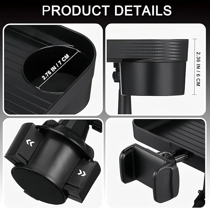 Vehicle-Mounted Multifunctional Water Cup Holder Tray Black Adjustable Cup Holder Dining Plate Expandable Bracket Storage Space-Saving (Tray + Phone Stand)