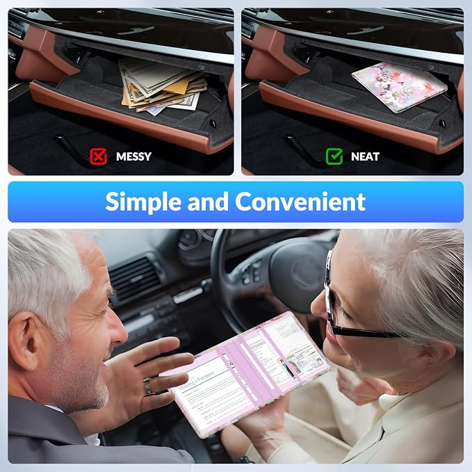 Car Registration and Insurance Card Holder，Vehicle Glove Box Car Organizer，Accessories Case for Storing Driving Licences, Cards, Documents,Pink flower