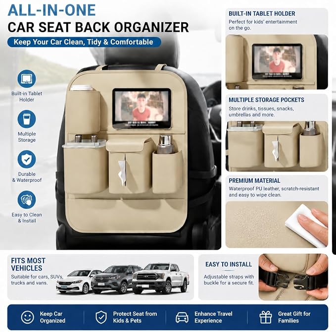XDV Car Seat Organizers,Multi-functional Back Seat Protectors, Storage Pouches Kick Mats,Child kicking prevention and Tray Holders Tissue Box(for Cars, Kids, Seat Back and Rear Seats) (1, Beige)