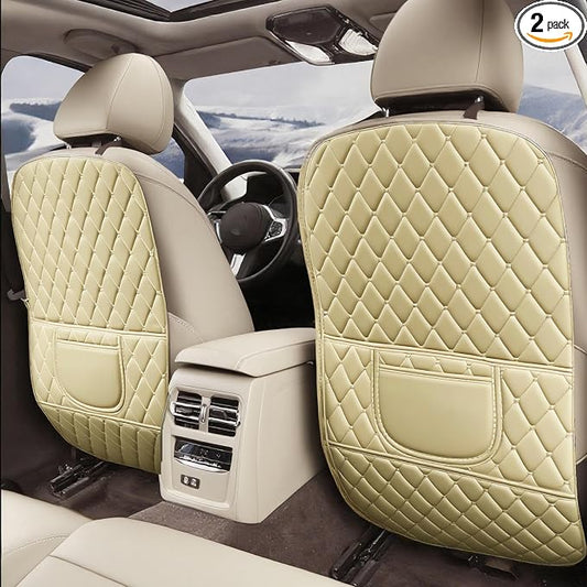 Leatherette Car Seat Protector - 2 Pack Large Car Kick Mats with Storage Pockets Organizer Seat Back Cover Against Dirty Shoes & Scratches, Universal Fit for Most Vehicles, Beige