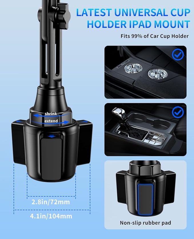 Tablet Holder for Car, Car Cup iPad Holder Mount, [Upgraded Version] Universal Cup Cradle, Long Adjustable Neck, for 4.7-13 Cell Tablet/Phone Stand for iPad, iPhone, Galaxy, Google, Switch and more