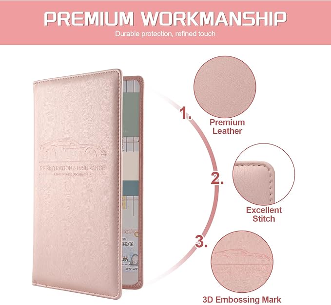 JUSTTOP 1Pack Car Registration and Insurance Holder,Car Document Holder for Cards License with Magnetic Shut,Vehicle Glove Box Car Organizer for Documents, Cards, License(Pink)