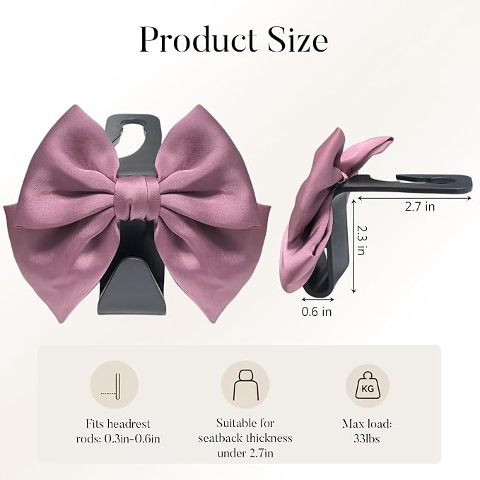 2 Pack Car Purse Hooks, Cute Bow Car Seat Headrest Hook Hanger for Purses and Bags, Space-Saving Car Accessory (Leather pink)