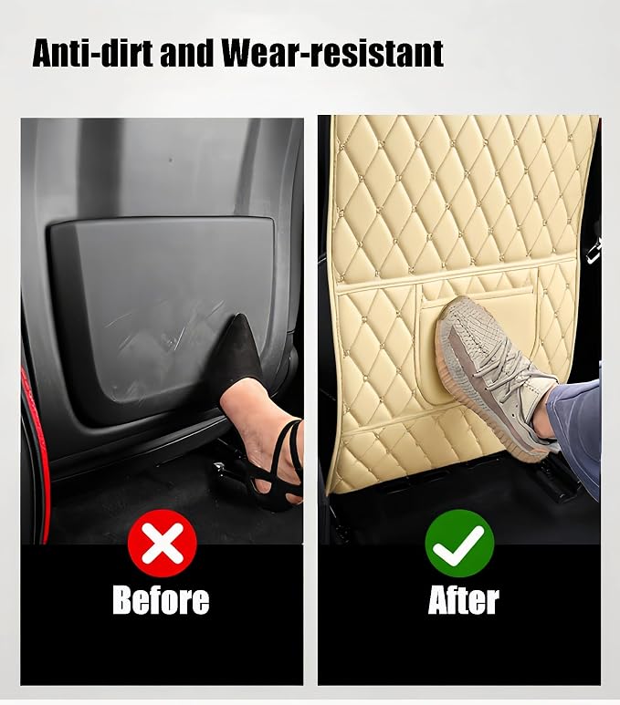 Leatherette Car Seat Protector - 2 Pack Large Car Kick Mats with Storage Pockets Organizer Seat Back Cover Against Dirty Shoes & Scratches, Universal Fit for Most Vehicles, Beige