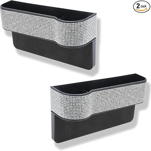 2 Pack Bling Bling Car Seat Organizer Front Seat Gap Filler with Crystal Rhinestones Diamond, PU Leather Car Seat Console Storage Organizer for Car Interior Accessories (2 Pack)