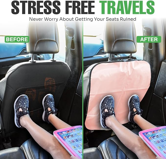 lebogner Back Seat Cover for Kids + 3 Pocket Storage Organizer, 2 Pack X-Large Waterproof Kick Mats, Car Backseat Protector (Beige, Kick Mats + 4 Organizer Pockets)
