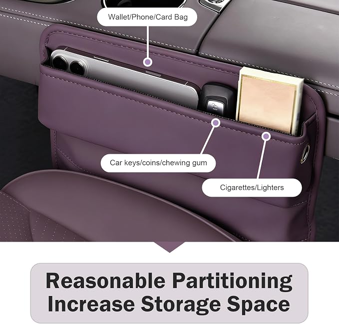 Car Seat Gap Organizer, Leather Multi-Pocket Storage Pouch, Automotive Seat Gap Organizer for Phone, Keys & Small Items, Universal for Most Cars (Purple)