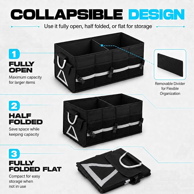 Car Trunk Organizer with Lid, Collapsible SUV Trunk Organizer, Foldable Cargo Organizer with 4 Compartments, Non-Slip Bottom, Securing Straps, Large Capacity Storage Bag for SUV Truck Van, Black