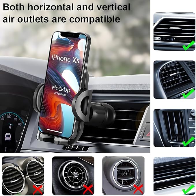 Car Vent Phone Holder, 360° Rotation Hands Free Cellphone Air Vent Cradle with Metal Hook Clip, Automotive Interior Smartphone Mount, Universal for SUV, Truck, RV (Grey)
