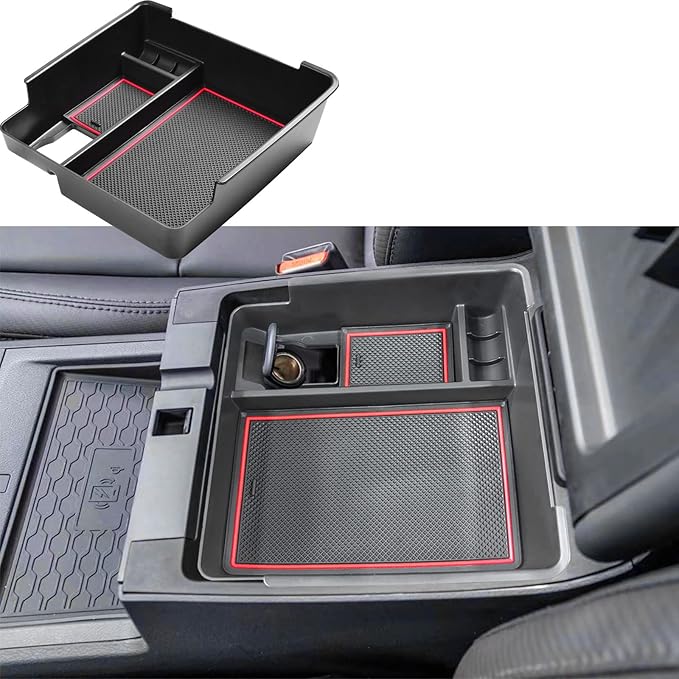 EDBETOS Center Console Organizer Tray Compatible with Nissan Frontier 2022 2023 2024 2025 2026 Pickup Truck Accessories Interior Armrest Storage Box Insert Tray, USB Cable Hole, ABS Material, Red