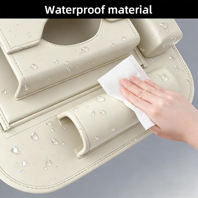 Universal Premium Leather Foldable Car Backseat Organizer with Table Tray, Car Seat Back Protector with Garbage Bag Touch Screen Pad Holder, Car Kick Mats Protector with Tissue Holder (Beige)