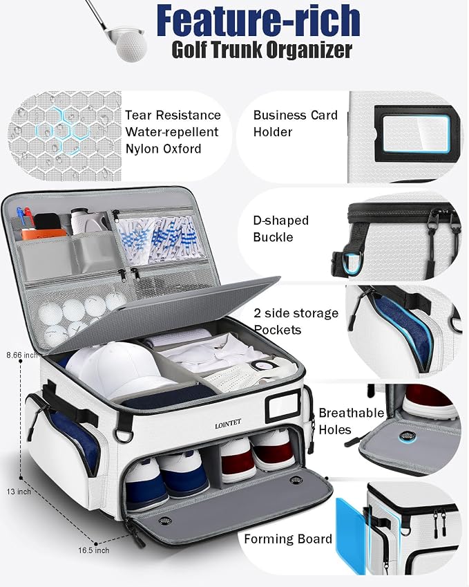 LOINTET Golf Trunk Organizer, Waterproof Car Golf Locker with Separate Ventilated Compartment for 2 Pair Shoes, Golf Storage for Balls, Tees, Cap, Clothes, Gloves, Accessories, Gifts for Men, Women