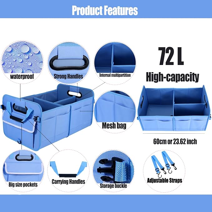 Car Suv Trunk Organizer,Sturdy Storage Organizer for Car Accessories,Tools,Sundries.Upgraded 4 Carrying Handles,72L,Foldable,Waterproof,Multi Compartment,2 Straps for Fixation(Blue)