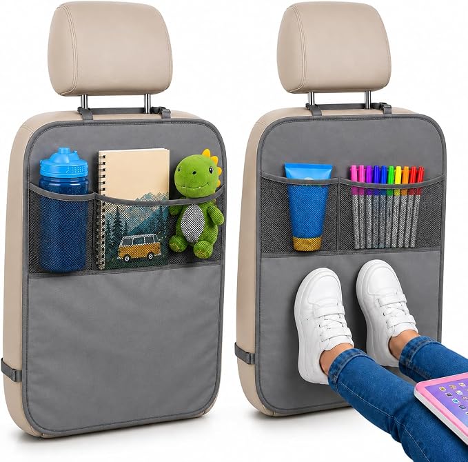 EcoNour 2-Pack Back of Seat Protector for Kids Feet | Grey Oxford Fabric Car Kick Mats with 2 Pocket Organizer | Seat Protector for Vehicles from Dirt, Mud & Scratches | Car Accessories