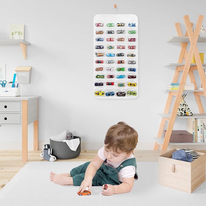 Hanging Organizers for Mini Car Double Sided 80 Pockets Display Case for Toy Cars(Without Toy Cars) (One Piece White)